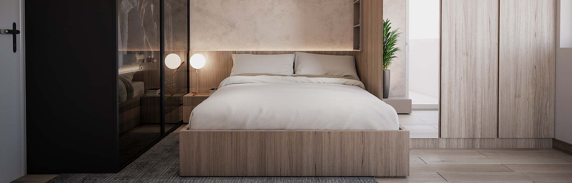 Slajd #2 - sypialnia z dużym drewnianym łóżkiem